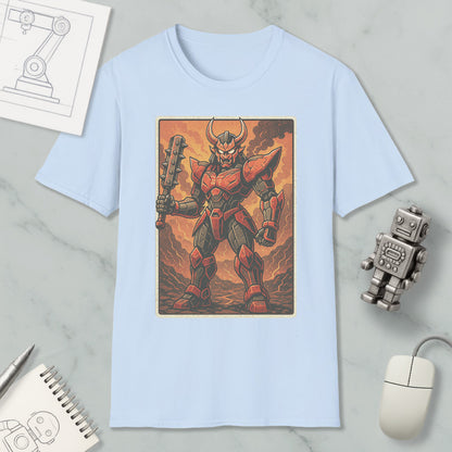a t-shirt with a graphic design depicting a red and black armored robot or character, holding a weapon and standing in a fiery, rocky landscape.