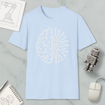 a light blue t-shirt with a white brain design, a computer mouse, a robot, and a notebook on a marble surface.