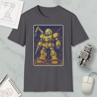 a gray t-shirt with a graphic design of a yellow robot or robot-like figure, surrounded by various objects such as a computer mouse, a notebook, and a pen.