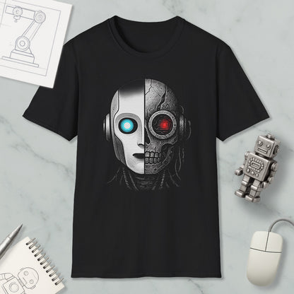 a black t-shirt with a graphic design depicting a robot or cyborg face with a split face, one half appearing to be a human face and the other half a robot or cyborg face with glowing red eyes.