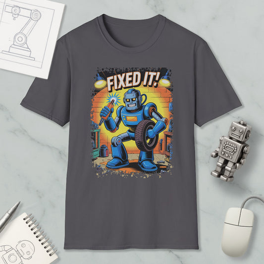 a gray t-shirt with a graphic design depicting a robot holding a wrench and the text "FIXED IT!"