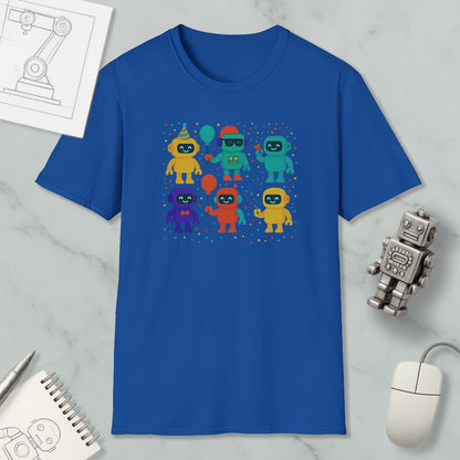a blue t-shirt with a colorful graphic of seven cartoon-like robots, along with a computer mouse and a notebook on a marble surface.