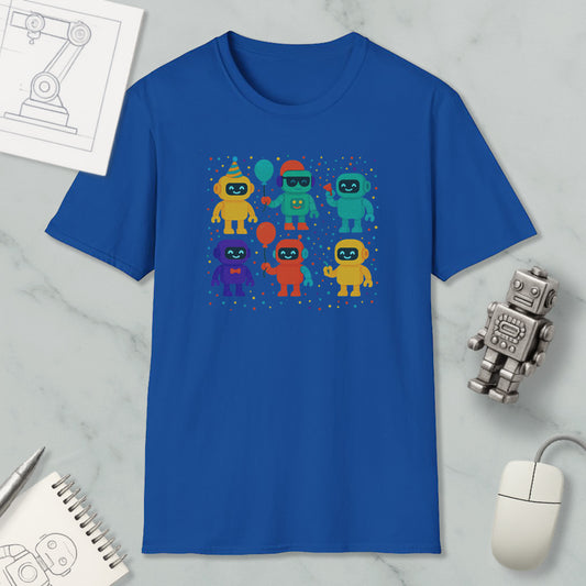 a blue t-shirt with a colorful graphic of seven cartoon-like robots, along with a computer mouse and a notebook on a marble surface.