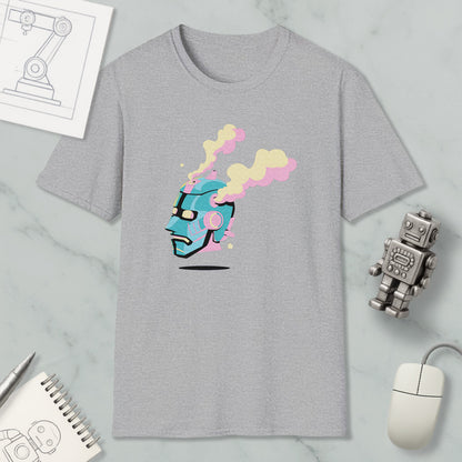 a gray t-shirt with a colorful graphic design, a small robot, a computer mouse, and a notebook on a marble surface.