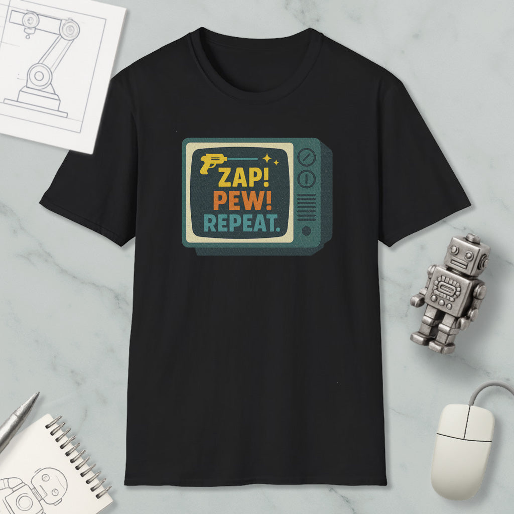 a black t-shirt with a colorful graphic design, a computer mouse, a notebook, and a small robot on a marble surface.