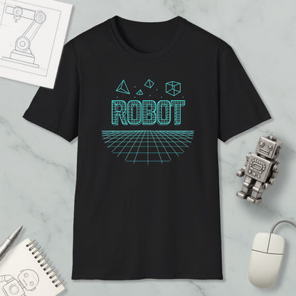 a black t-shirt with a graphic design of a robot and geometric shapes, along with a computer mouse and a notebook.
