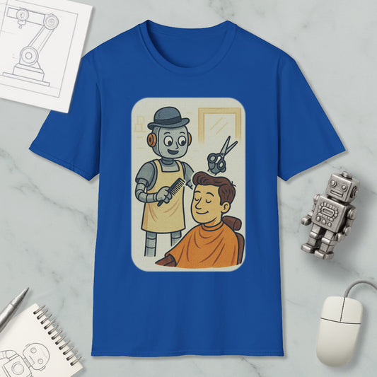 A blue t-shirt with an illustration of a robot cutting a man's hair, accompanied by a robot and a man in a barber's chair.