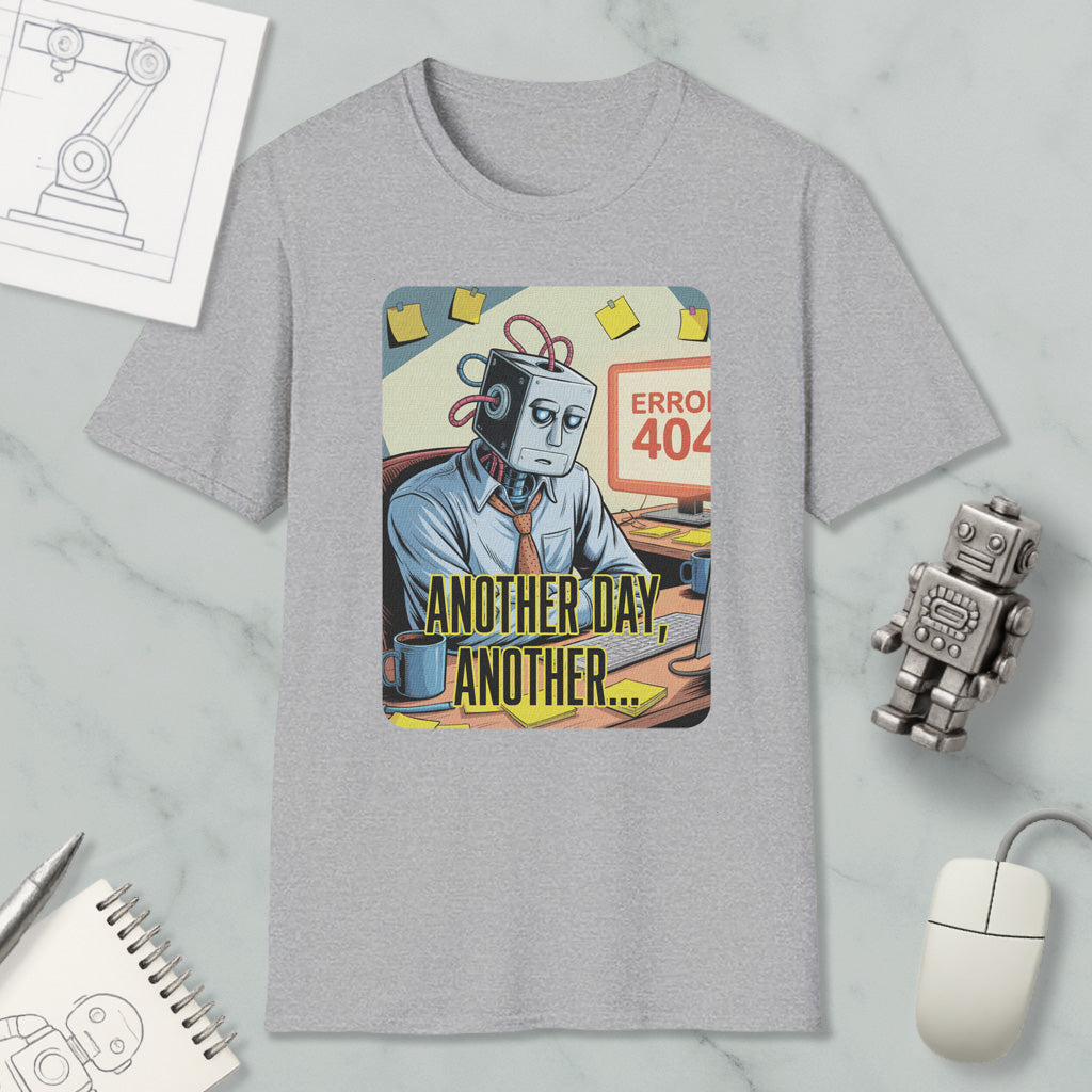 a gray t-shirt with a graphic design depicting a robot character with a sad expression, surrounded by various objects such as a computer mouse, a notebook, and a pen.