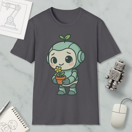 a gray t-shirt with a cartoon robot holding a flower, surrounded by various objects such as a computer mouse, a notebook, and a small robot.