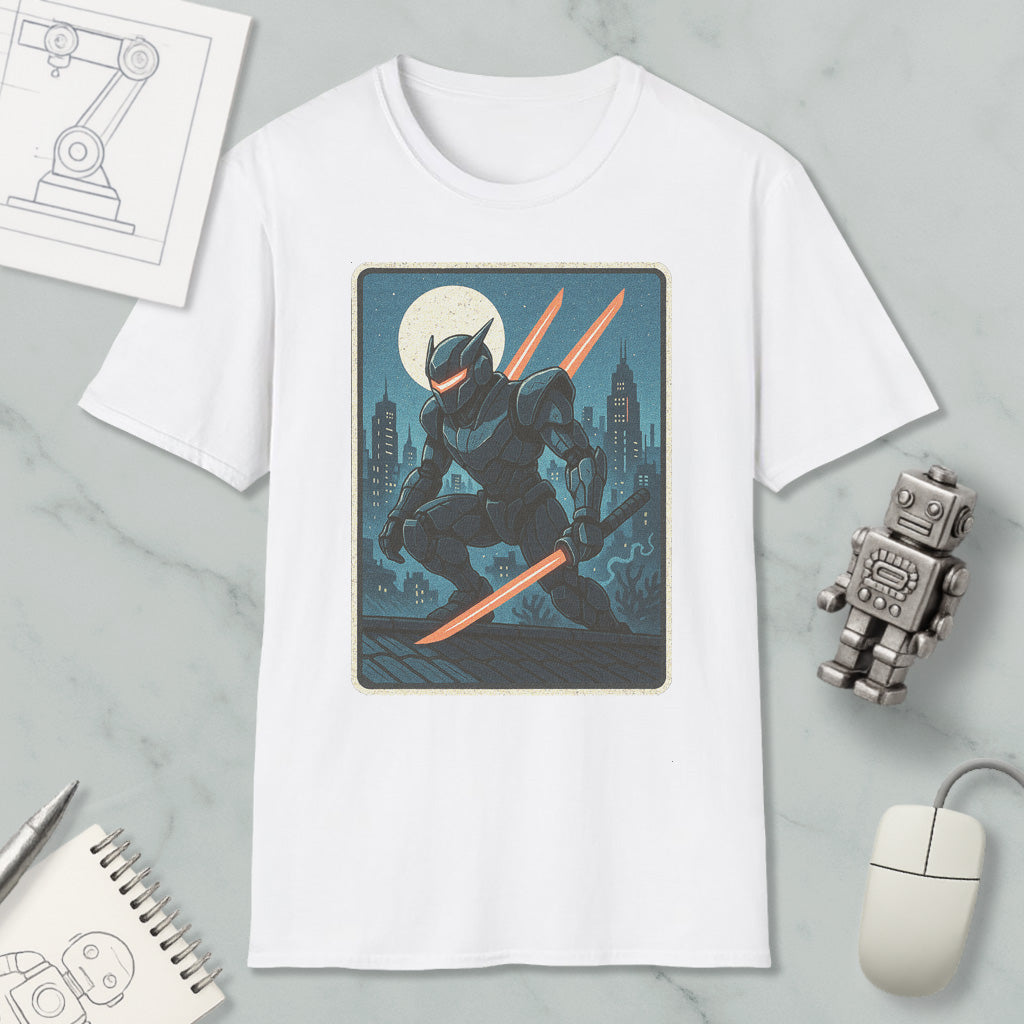 a white t-shirt with a graphic design depicting a character wielding a sword and standing on a rooftop at night. The t-shirt is surrounded by various objects, including a computer mouse, a notebook, and a robot.