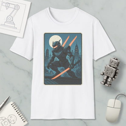 a white t-shirt with a graphic design depicting a character wielding a sword and standing on a rooftop at night. The t-shirt is surrounded by various objects, including a computer mouse, a notebook, and a robot.