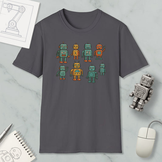 a gray t-shirt with a graphic design of eight colorful robots, including a robot with a yellow body and orange arms, and another robot with a green body and orange arms. The t-shirt is displayed on a marble surface, along with a computer mouse and a notebook.