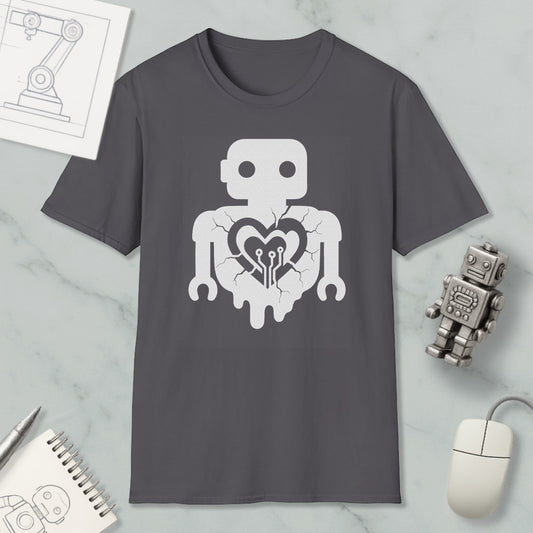 a gray t-shirt with a white graphic design depicting a robot with a heart symbol inside its chest. The t-shirt is placed on a marble surface, along with a computer mouse, a notebook, and a small robot figurine.