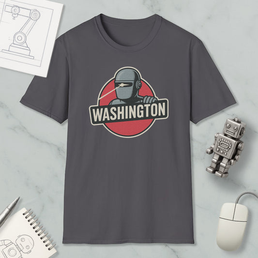 a gray t-shirt with a graphic design of a robot and the word "WASHINGTON" printed on it, along with a computer mouse and a notebook.