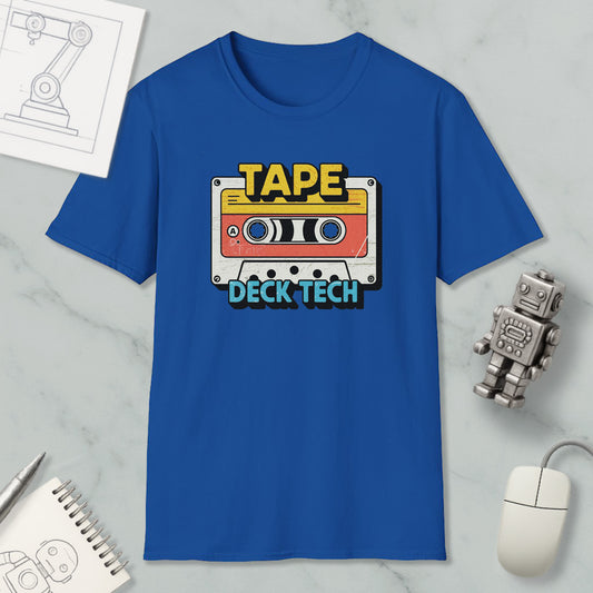 a blue t-shirt with a graphic design of a cassette tape and the text "TAPE Deck Tech" printed on it, along with a small robot and a computer mouse.