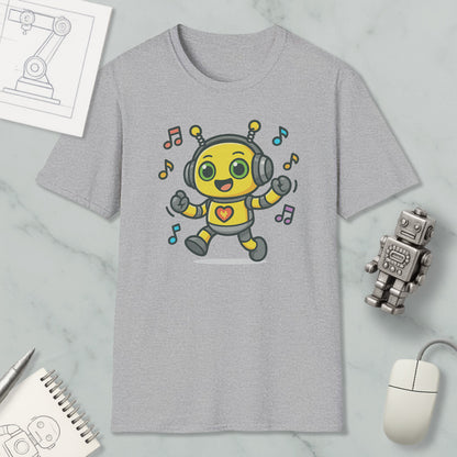 a gray t-shirt with a cartoon robot wearing headphones and dancing, surrounded by musical notes. The t-shirt is placed on a marble surface, with a computer mouse, a pen, and a notebook nearby.