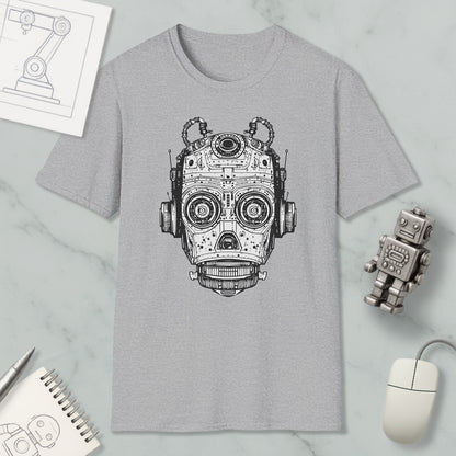 a gray t-shirt with a black and white illustration of a robot or machine head, along with various objects such as a computer mouse, a notebook, and a pen.