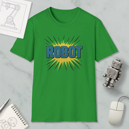 a green t-shirt with a graphic design of a robot, along with various objects such as a computer mouse, a notebook, and a sketch of a robot.