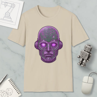a beige t-shirt with a purple robot or cyborg head design, along with various objects such as a computer mouse, a notebook, and a pen.