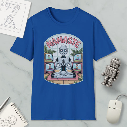A blue t-shirt with a graphic design depicting a robot sitting in a meditative pose, surrounded by various images of people.