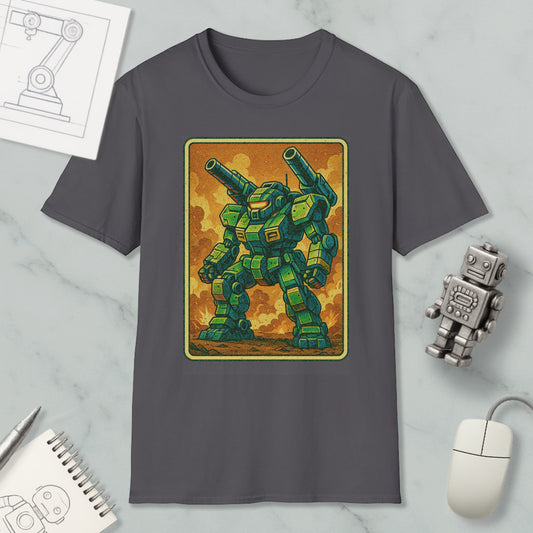 a gray t-shirt with a graphic of a green robot or mechanical figure, along with a computer mouse and a notebook.