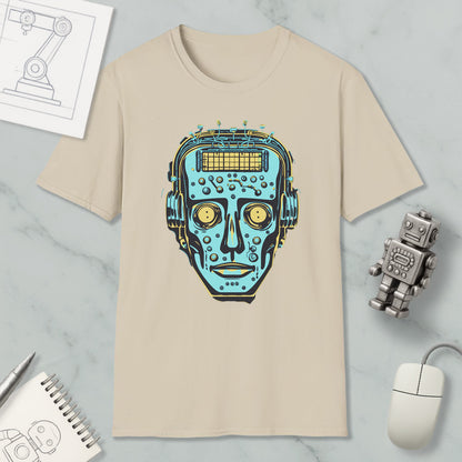 a beige t-shirt with a graphic design of a robot's face, surrounded by various objects such as a computer mouse, a pen, and a notebook.