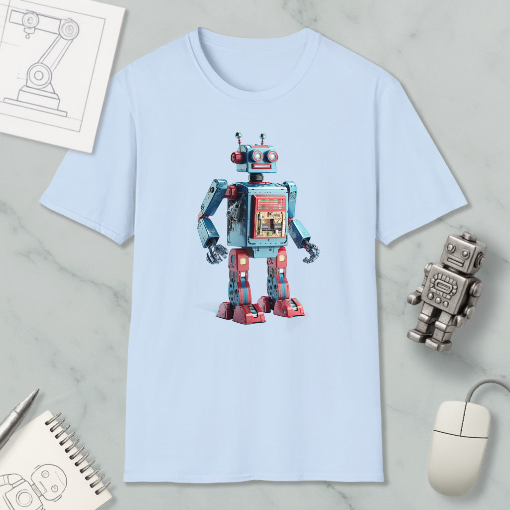 A light blue t-shirt with a robot design printed on it, along with a computer mouse, a notepad, and a sketch of a robot.