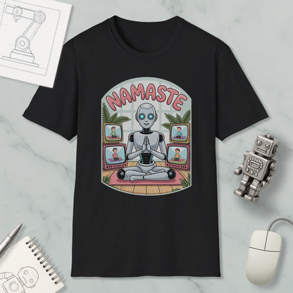 a black t-shirt with a graphic design depicting a robot sitting in a meditative pose, surrounded by various images of people.