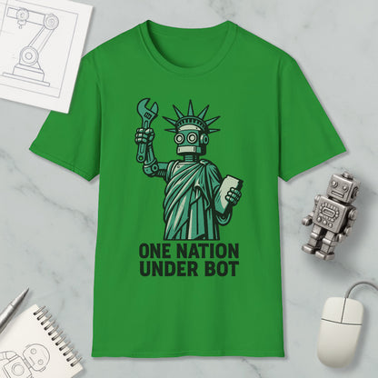 a green t-shirt with a graphic design depicting a robot figure holding a wrench and a book, accompanied by the text "ONE NATION UNDER BOT".
