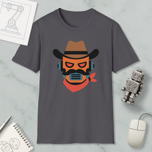 a gray t-shirt with a graphic design of a cowboy hat and a robot-like figure, along with various objects such as a mouse, a notebook, and a pen.