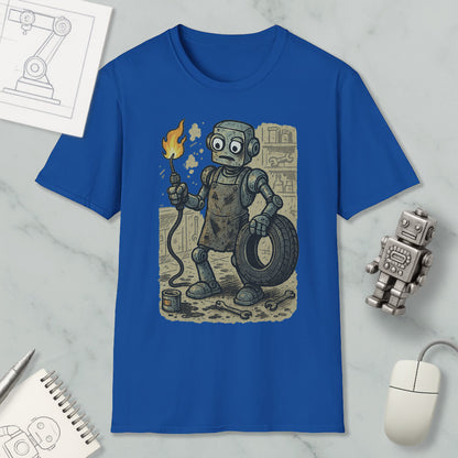 a blue t-shirt with a cartoon robot holding a tire and a lighter, surrounded by various objects such as a computer mouse, a notebook, and a sketch.