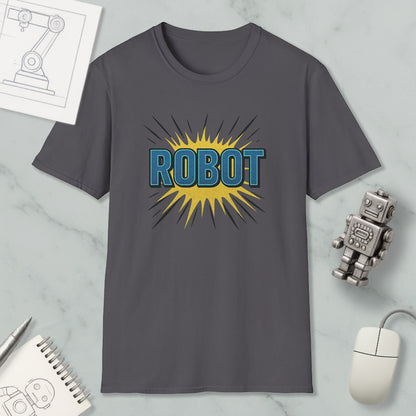 a gray t-shirt with a graphic design of a robot and a yellow explosion-like shape, along with a computer mouse and a notebook.