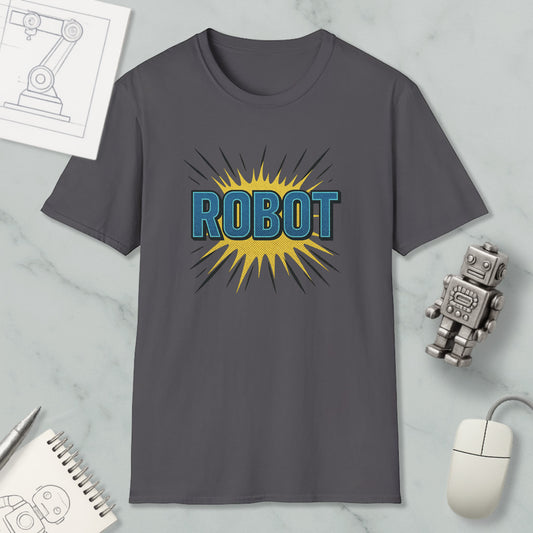 a gray t-shirt with a graphic design of a robot and a yellow explosion-like shape, along with a computer mouse and a notebook.