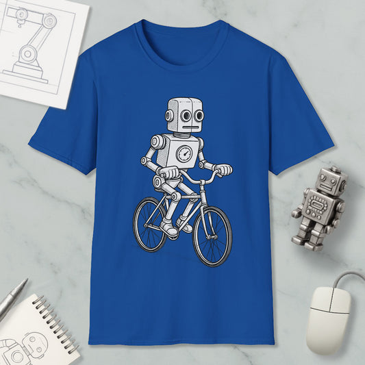 a blue t-shirt with a graphic of a robot riding a bicycle, along with a computer mouse and a notebook on a marble surface.