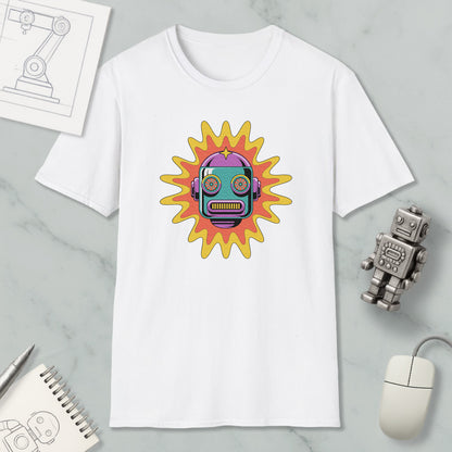 a white t-shirt with a colorful robot design, along with various objects such as a computer mouse, a notebook, and a sketch of a robot.