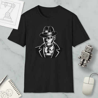 a black t-shirt with a graphic design of a man wearing a hat and suit, along with a computer mouse and other office supplies.