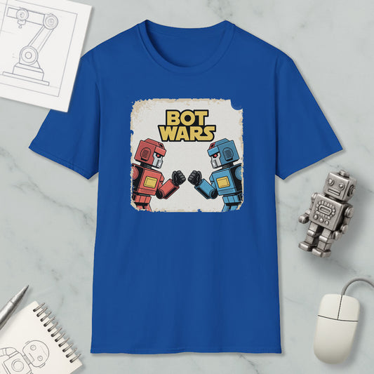a blue t-shirt with a graphic design of two robot characters, one in red and the other in blue, engaged in a battle or fight. The text "BOT WARS" is displayed above the characters, suggesting a theme related to robotic or artificial intelligence.