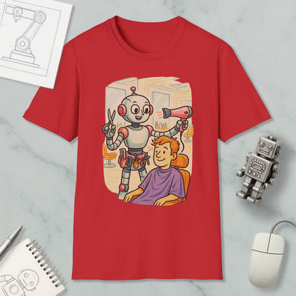 a red t-shirt with a cartoon illustration of a robot giving a haircut to a person.