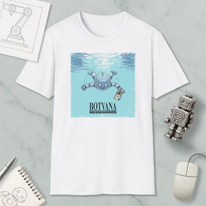 a white t-shirt with a graphic design depicting a robot swimming underwater, accompanied by the text "BOTYANA NOVICAMED".
