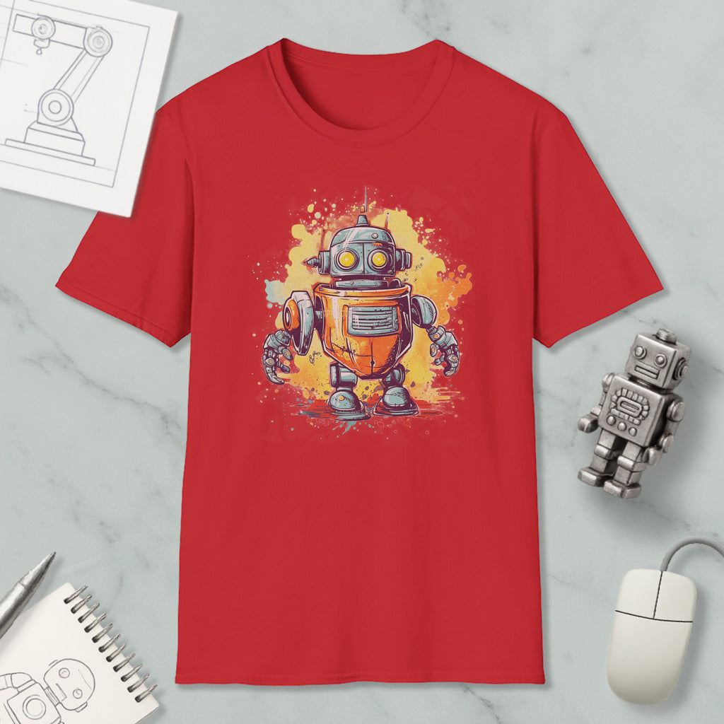 a red t-shirt with a colorful robot graphic, along with a computer mouse, a notebook, and a pen on a marble surface.