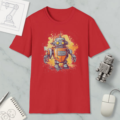 a red t-shirt with a colorful robot graphic, along with a computer mouse, a notebook, and a pen on a marble surface.
