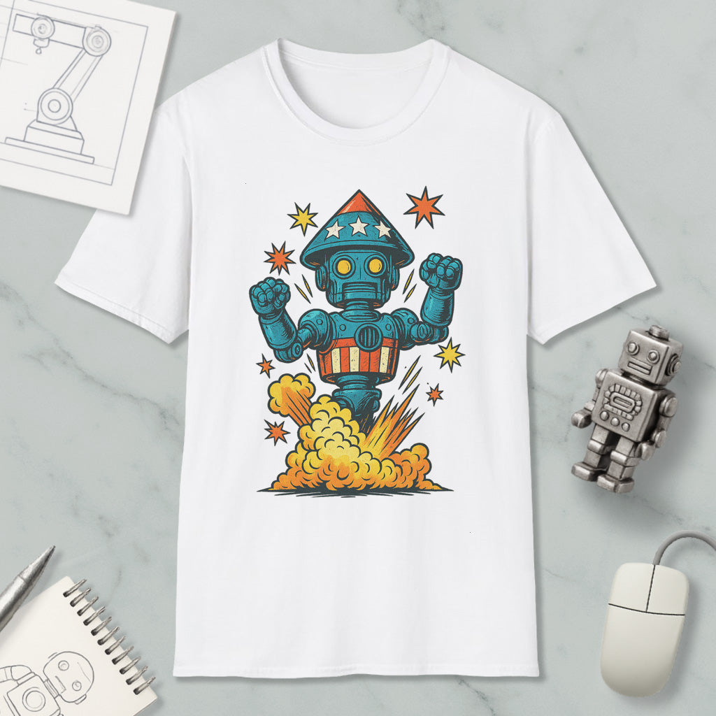 a white t-shirt with a colorful graphic design depicting a robot with a star on its head, surrounded by a cloud of smoke and a rocket-like explosion. The t-shirt is placed on a marble surface, with a computer mouse and a notebook visible in the background.