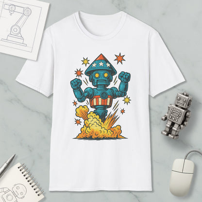 a white t-shirt with a colorful graphic design depicting a robot with a star on its head, surrounded by a cloud of smoke and a rocket-like explosion. The t-shirt is placed on a marble surface, with a computer mouse and a notebook visible in the background.