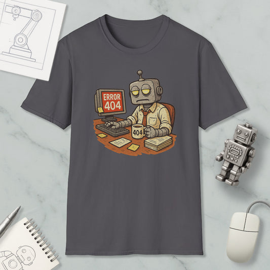 a t-shirt with a cartoon robot sitting at a desk, working on a computer, and displaying an error message that reads " Error 404".