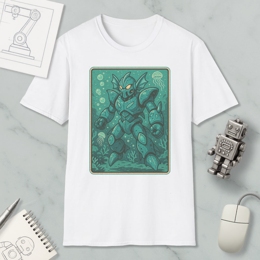 a white t-shirt with a graphic design of a green armored robot or sea creature, surrounded by bubbles and underwater elements, placed on a marble surface alongside a computer mouse and a notebook.