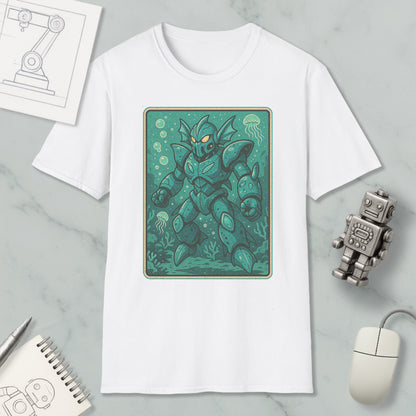 a white t-shirt with a graphic design of a green armored robot or sea creature, surrounded by bubbles and underwater elements, placed on a marble surface alongside a computer mouse and a notebook.