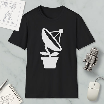 a black t-shirt with a white graphic design of a satellite dish on a plant, along with a small robot and a computer mouse.