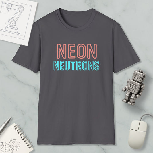 a gray t-shirt with the text "NEON NEUTRONS" printed on it, along with a small robot and a computer mouse.