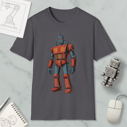 a gray t-shirt with a colorful illustration of a robot, along with various objects such as a computer mouse, a notebook, and a pen.