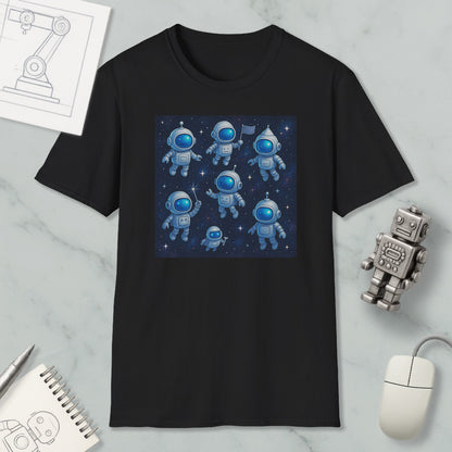 a black t-shirt with a graphic design of eight cartoon-like astronaut figures in a space-themed setting, surrounded by stars. The t-shirt is displayed on a marble surface, along with a computer mouse, a notepad, and a small robot figurine.